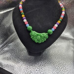Colorful Jade Beaded Necklace With Green Carved Jade Pendant